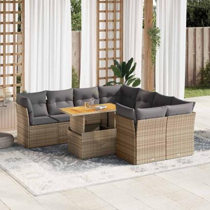 Set canapele de grădină, 9 piese, cu perne, bej, poliratan GartenMobel Dekor