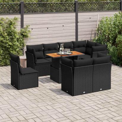 Set mobilier de grădină cu perne, 9 piese, negru, poliratan GartenMobel Dekor