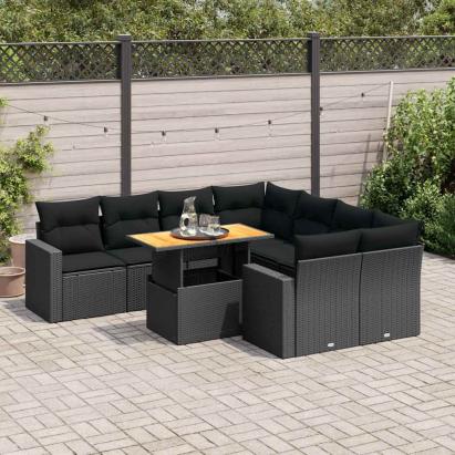 Set mobilier de grădină cu perne, 9 piese, negru, poliratan GartenMobel Dekor