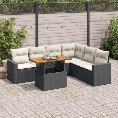 Set canapele de grădină cu perne, 7 piese, negru, poliratan GartenMobel Dekor