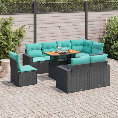 Set mobilier de grădină cu perne, 9 piese, negru, poliratan GartenMobel Dekor