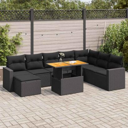 Set mobilier de grădină cu perne, 9 piese, negru, poliratan GartenMobel Dekor