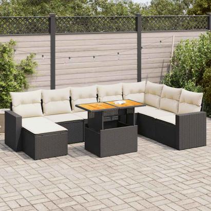 Set mobilier de grădină cu perne, 9 piese, negru, poliratan GartenMobel Dekor