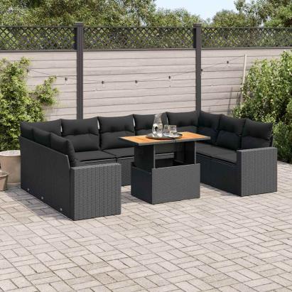 Set canapele de grădină cu perne, 10 piese, negru, poliratan GartenMobel Dekor