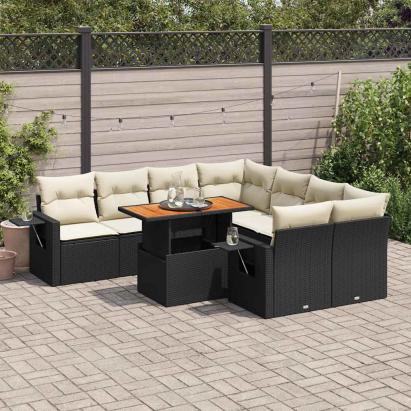 Set mobilier de grădină cu perne, 9 piese, negru, poliratan GartenMobel Dekor