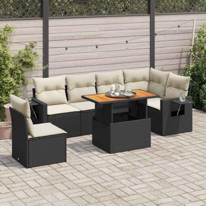 Set canapele de grădină cu perne, 7 piese, negru, poliratan GartenMobel Dekor