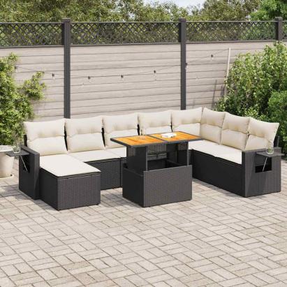 Set mobilier de grădină cu perne, 9 piese, negru, poliratan GartenMobel Dekor
