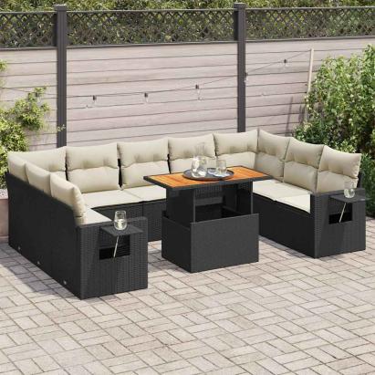 Set canapele de grădină cu perne, 10 piese, negru, poliratan GartenMobel Dekor