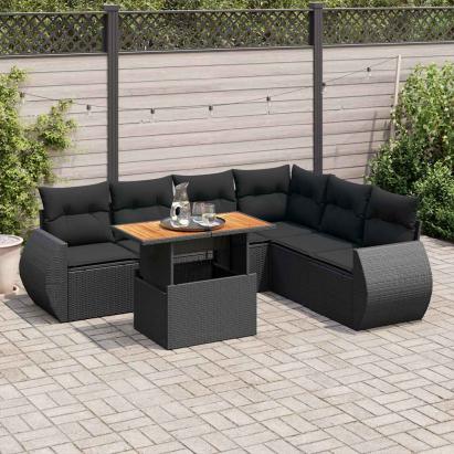 Set canapele de grădină cu perne, 7 piese, negru, poliratan GartenMobel Dekor