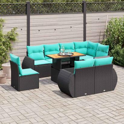Set mobilier de grădină cu perne, 9 piese, negru, poliratan GartenMobel Dekor