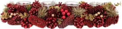 Ikebana advent roșie naturală cu conuri și suporturi lumânări, 50x16x9 cm
