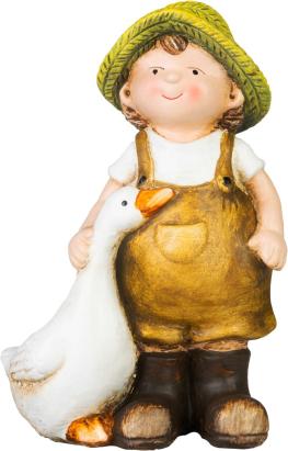 Dekorácia MagicHome, Chlapček s húskou v hnedom oblečení, keramika, 6,5x12,5x19 cm