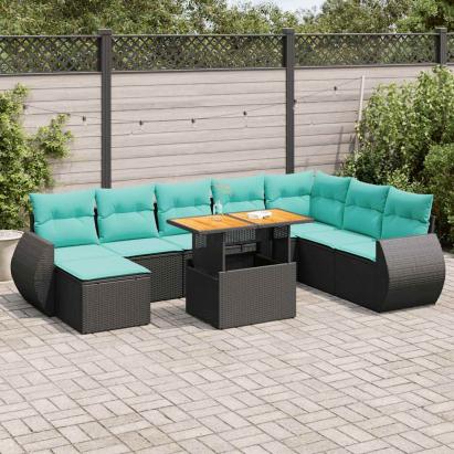 Set mobilier de grădină cu perne, 9 piese, negru, poliratan GartenMobel Dekor