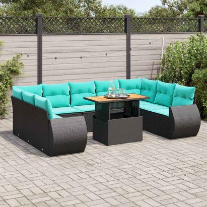 Set canapele de grădină cu perne, 10 piese, negru, poliratan GartenMobel Dekor