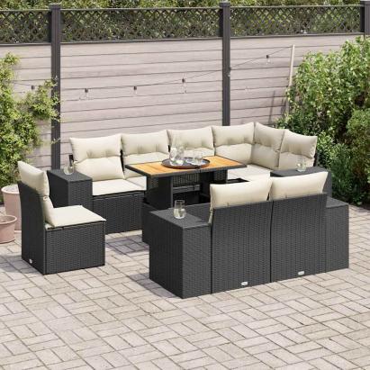 Set mobilier de grădină cu perne, 9 piese, negru, poliratan GartenMobel Dekor