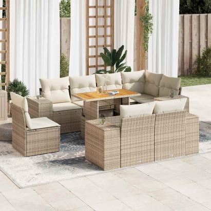 Set canapele de grădină, 9 piese, cu perne, bej, poliratan GartenMobel Dekor