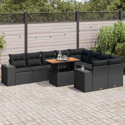 Set canapele de grădină cu perne, 10 piese, negru, poliratan GartenMobel Dekor