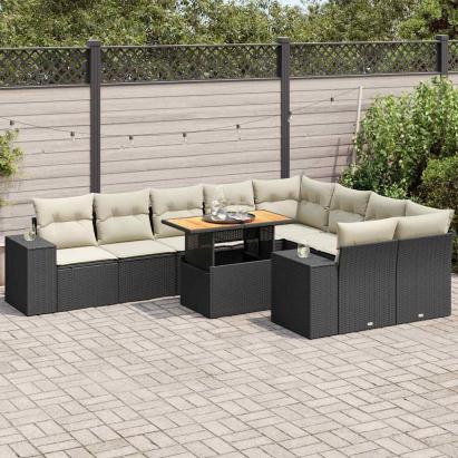 Set canapele de grădină cu perne, 10 piese, negru, poliratan GartenMobel Dekor