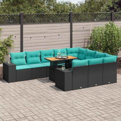 Set canapele de grădină cu perne, 11 piese, negru, poliratan GartenMobel Dekor