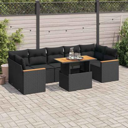 Set mobilier grădină perne 8 piese negru, poliratan/lemn acacia GartenMobel Dekor