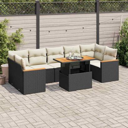 Set mobilier grădină perne 8 piese negru, poliratan/lemn acacia GartenMobel Dekor