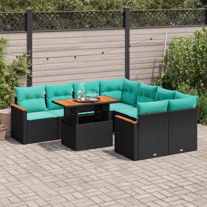 Set mobilier de grădină cu perne, 9 piese, negru, poliratan GartenMobel Dekor