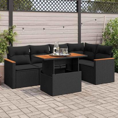 Set mobilier grădină perne 6 piese negru poliratan/lemn acacia GartenMobel Dekor