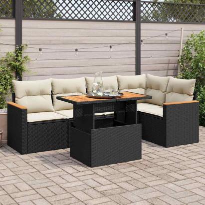 Set mobilier grădină perne 6 piese negru poliratan/lemn acacia GartenMobel Dekor