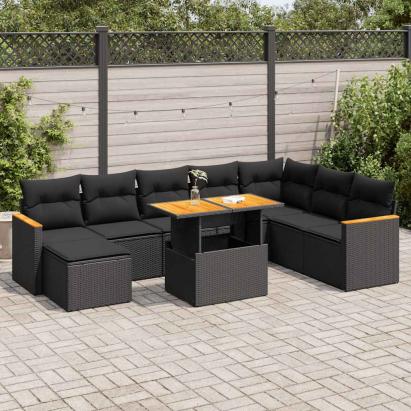 Set mobilier grădină perne 9 piese negru poliratan/lemn acacia GartenMobel Dekor