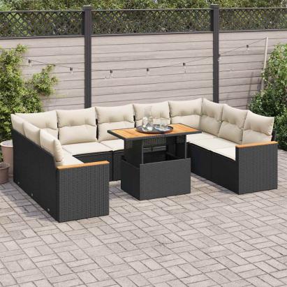 Set canapele de grădină cu perne, 10 piese, negru, poliratan GartenMobel Dekor