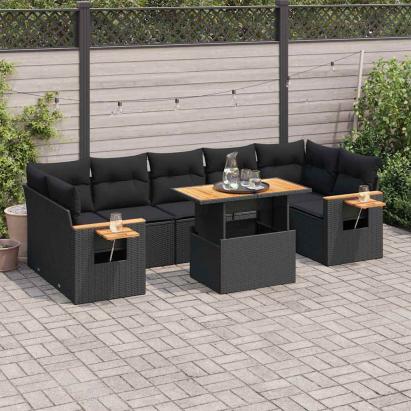 Set mobilier grădină perne 8 piese negru, poliratan/lemn acacia GartenMobel Dekor