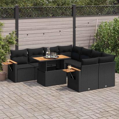 Set mobilier grădină perne 9 piese negru poliratan/lemn acacia GartenMobel Dekor