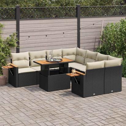 Set mobilier grădină perne 9 piese negru poliratan/lemn acacia GartenMobel Dekor