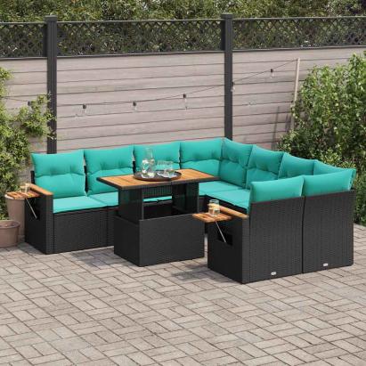 Set mobilier de grădină cu perne, 9 piese, negru, poliratan GartenMobel Dekor