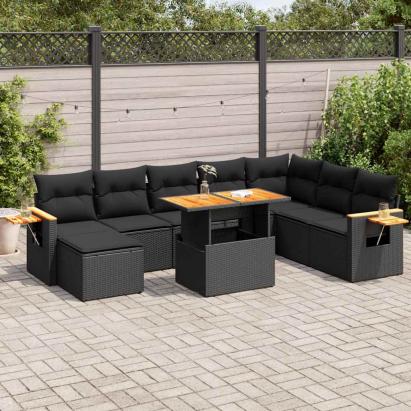 Set mobilier grădină perne 9 piese negru poliratan/lemn acacia GartenMobel Dekor