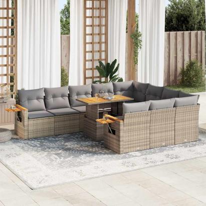 Set canapele grădină perne 11 piese bej, poliratan/lemn acacia GartenMobel Dekor