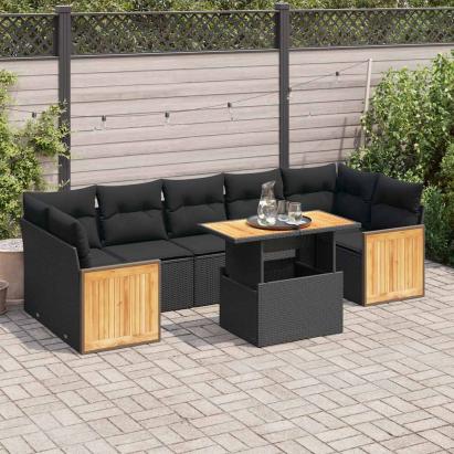 Set mobilier grădină perne 8 piese negru, poliratan/lemn acacia GartenMobel Dekor