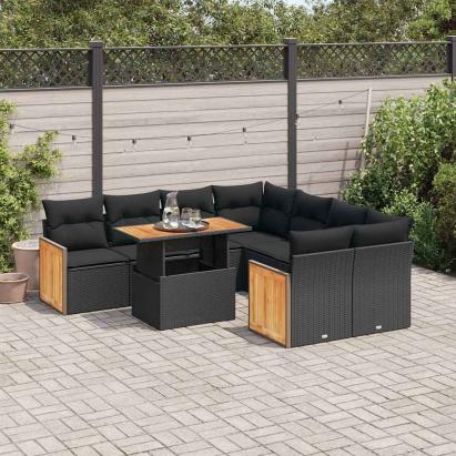 Set mobilier grădină perne 9 piese negru poliratan/lemn acacia GartenMobel Dekor
