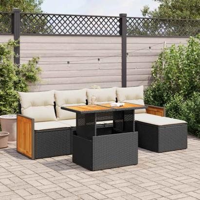 Set mobilier grădină perne 6 piese negru poliratan/lemn acacia GartenMobel Dekor