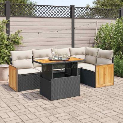 Set mobilier grădină perne 6 piese negru poliratan/lemn acacia GartenMobel Dekor
