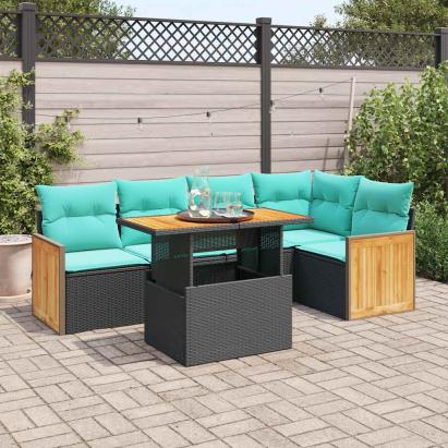 Set mobilier grădină perne 6 piese negru poliratan/lemn acacia GartenMobel Dekor