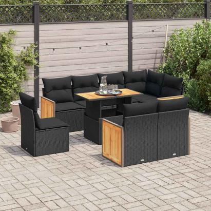 Set mobilier grădină perne 9 piese negru poliratan/lemn acacia GartenMobel Dekor