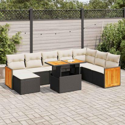 Set mobilier grădină perne 9 piese negru poliratan/lemn acacia GartenMobel Dekor