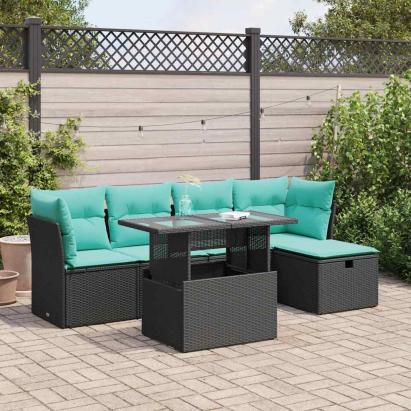 Set mobilier grădină perne 6 piese negru poliratan/lemn acacia GartenMobel Dekor