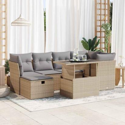 Set canapele de grădină, 7 piese, cu perne, bej, poliratan GartenMobel Dekor