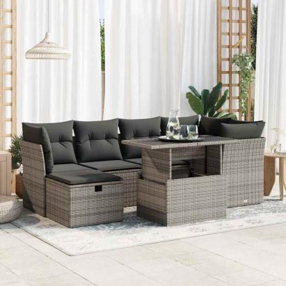 Set canapele de grădină, 7 piese, cu perne, gri, poliratan GartenMobel Dekor