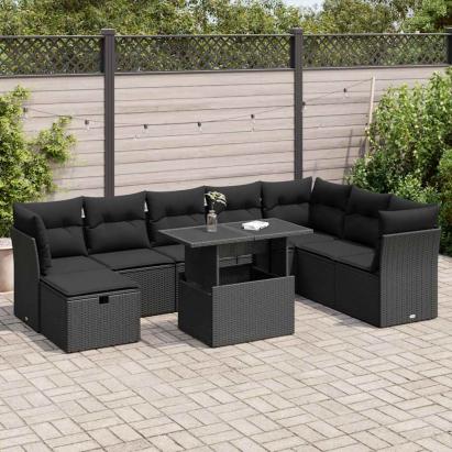 Set mobilier de grădină cu perne, 9 piese, negru, poliratan GartenMobel Dekor