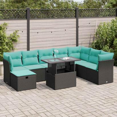 Set mobilier grădină perne 9 piese negru poliratan/lemn acacia GartenMobel Dekor