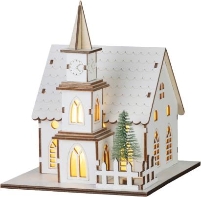 Decoratiune de Craciun biserica din lemn cu 6 LED alb cald, 18,5 cm