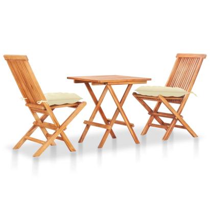 Set mobilier de bistro, 3 piese, cu perne crem, lemn masiv tec GartenMobel Dekor